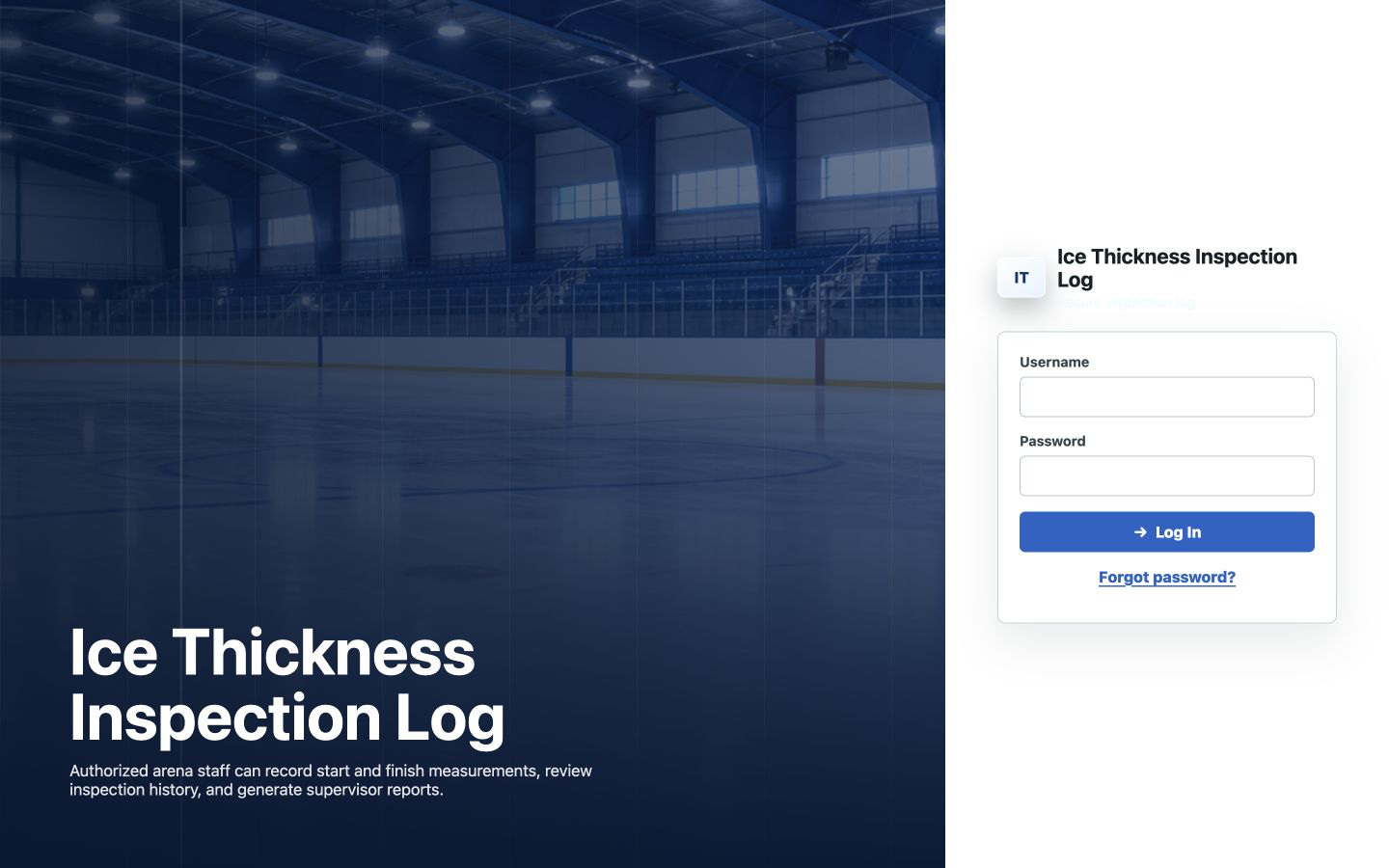 RinkTrack login screen with branded arena background.