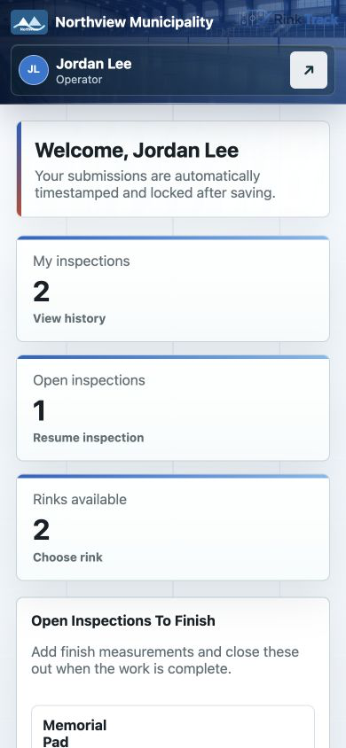 RinkTrack mobile operator dashboard showing inspections, open inspections, and available rinks.