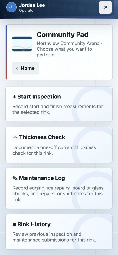 Mobile rink action menu showing inspection and thickness check options.