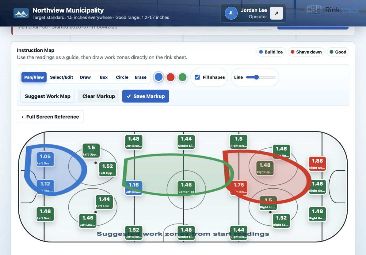 Tablet work map showing suggested ice maintenance areas.