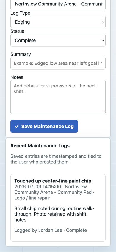 Mobile maintenance log form with practical arena maintenance options.