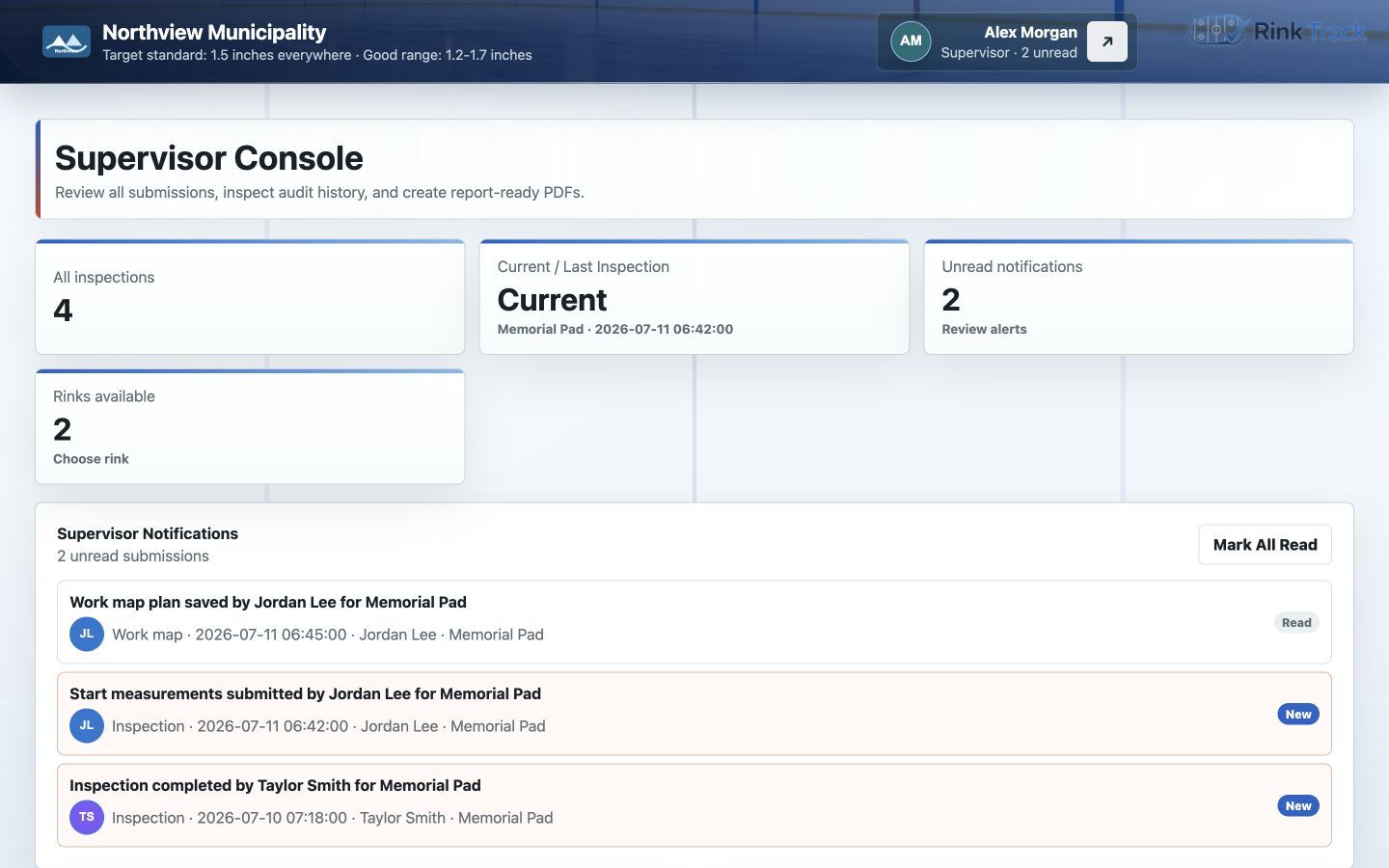 Supervisor dashboard showing inspection visibility and current records.