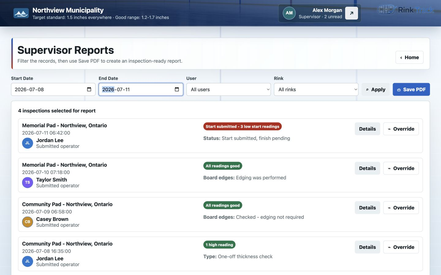 Supervisor reporting screen with realistic demo dates.