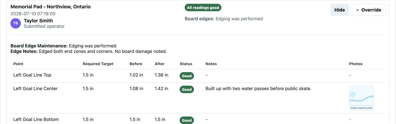 Completed inspection detail showing before and after measurements.